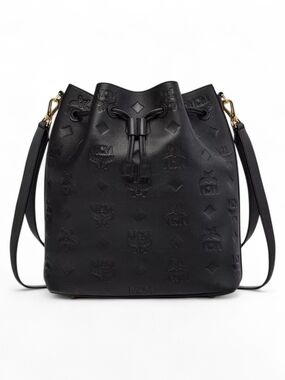 MCM Black Embossed Leather Drawstring Bucket Bag